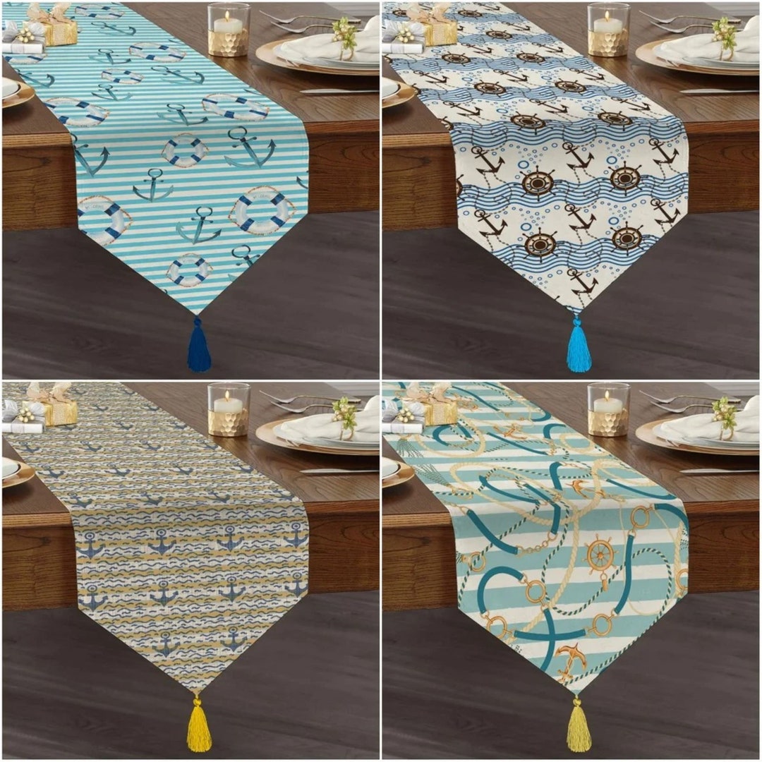 Triangular Tablecloth Beach House Table Runner|triangle Edged Dining Tabletop|navy Anchor ...