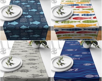 Beach House Table Runner|Swimming Fish Tabletop|Hand Sketched Fish Effect Tablecloth|Colorful Fish Home Decor|Summer Time Table Centerpiece