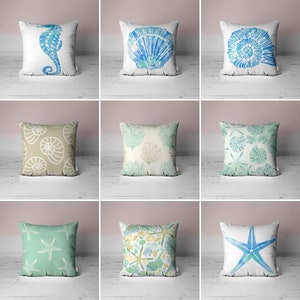 Beach House Pillow Cover|Coastal Cushion Case|Blue Green Turquoise Starfish & Seashell Home Decor|Nautical Contemporary Top|Summer Time Gift