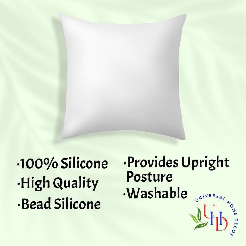 May include: White pillow with a white background. The pillow is made of 100% silicone and is filled with bead silicone. It provides upright posture and is washable. The pillow is labeled with the text "Universal Home Decor".