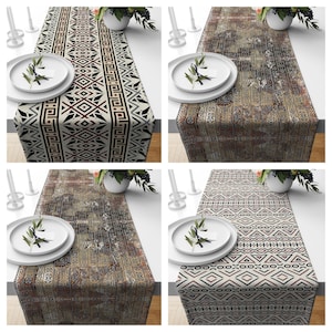 May include: Four different table runners with geometric patterns in shades of brown, black, white, and red. The runners are displayed on white tables with place settings.