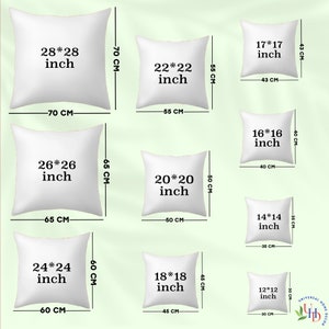 May include: A set of 10 white square pillow covers in various sizes, ranging from 12 inches to 28 inches. Each pillow cover features a black text label with the dimensions in inches.