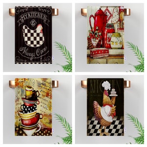 May include: Four kitchen themed tea towels with different designs. The first towel features a black and white checkered chicken with the text "My Kitchen is Always Open". The second towel features a red teapot, a jar of jam, and a basket of red berries. The third towel features a stack of colorful teacups with a vintage background. The fourth towel features a rooster wearing a chef's hat and holding a plate with a cake on it. The text on the towel reads "Kitchen, the best place".