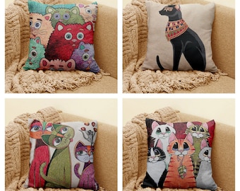 Curios Cats Pillow Cover|Cleopatra's Cat Pillowcase|Gobelin Tapestry Throw Pillow Top|Cute Kittens Cushion Cover|Animals Woven Cushion Case