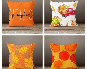 Fall Time Pillow Cover|Hello Pumpkin Print Cushion Case|Cute Throw Pillowtop|Harvested Pumpkins Home Decor|Housewarming Farmhouse Style Gift