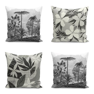 Palm Tree Design Pillow Cover|Black & White Colored Cushion Case|Flowers and Leaves Home Decor|Contemporary Pillowtop|Housewarming Cushion