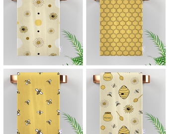 Theedoek met honingraatdesign|Handdoek hommels en koralen|Bloemen bijen keukendecor|Honey and Dipper Stick vaatdoek|Housewarming fancy cadeau