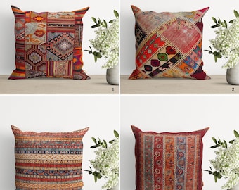 Rug Design Pillow Cover|Turkish Anatolian Design Cushion Case|Decorative Kilim Pattern Ethnic Cushion Cover|Farmhouse Style Geometric Pillow