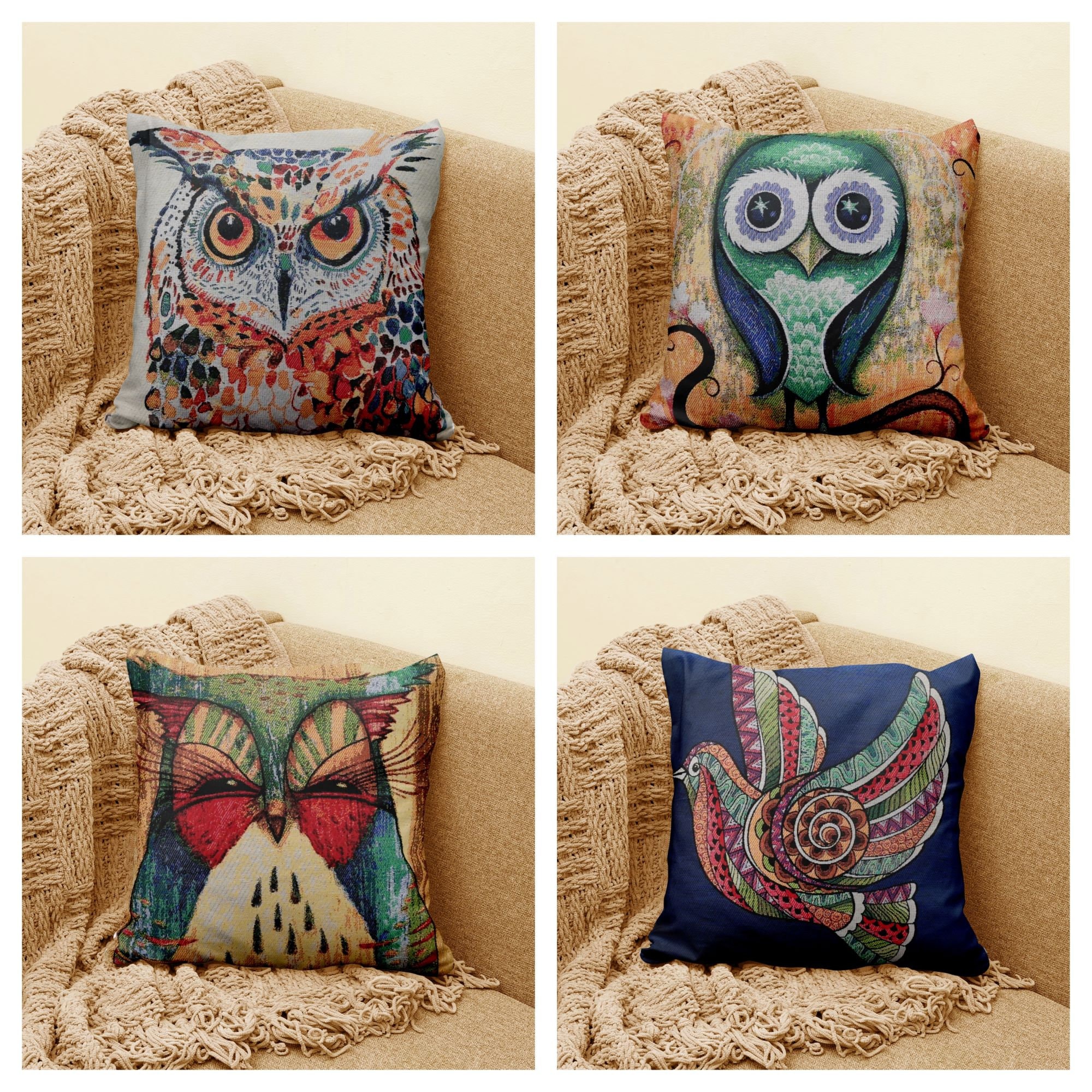 Cute Owls Belgian Tapestry|Modern Design Gobelin Tapestry Owls Pillow Cover|Animal Woven Throw Pillo