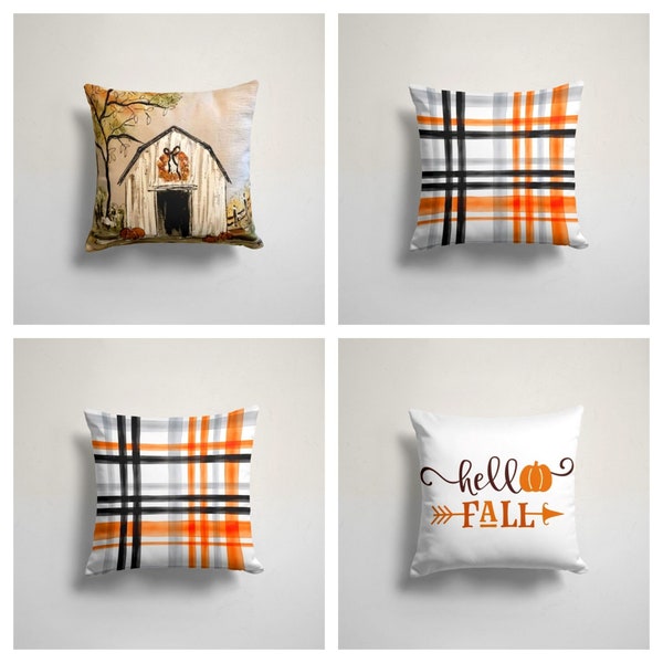 Housse de coussin Hello Fall Print|Wood House in Autumn Coussin Case|Plaid Pattern Home Decor|Farmhouse Style Taie d'oreiller|Cadeau fantaisie de pendaison de crémaillère