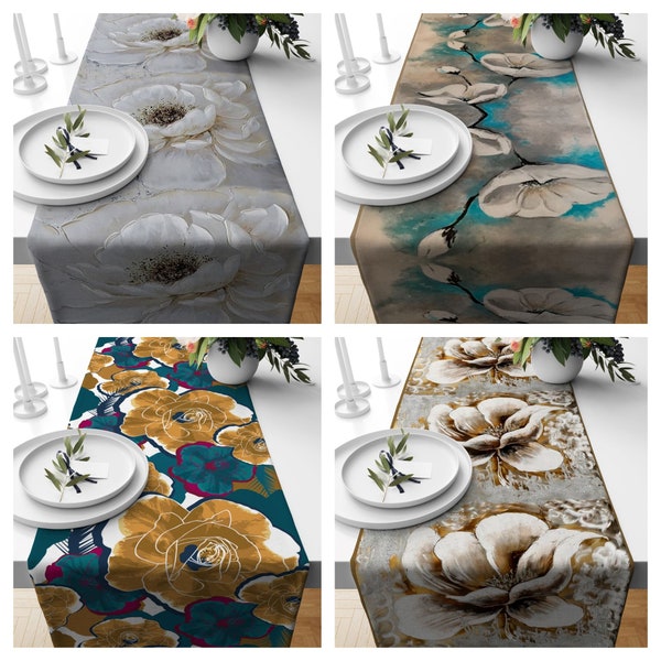 Turquoise & Brown Table Runner|Summer Time Tablecloth|Floral Home Decor|Housewarming Rectangle Cloth|Contemporary Decorative Floral Tabletop