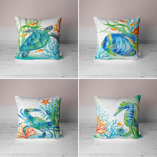 Nautical Pillow Cover|Coastal Cushion Case|Fish Seahorse Crab Beach House Decor|Summer Time Marine Concept Cushion|Seaturtle Throw Pillowtop