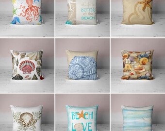 BEACH LOVE Print Pillow Cover|Octopus Oyster & Seashells Designed Cushion Case|Nautical Home Decor|Coastal Throw Pillowtop|Housewarming Gift