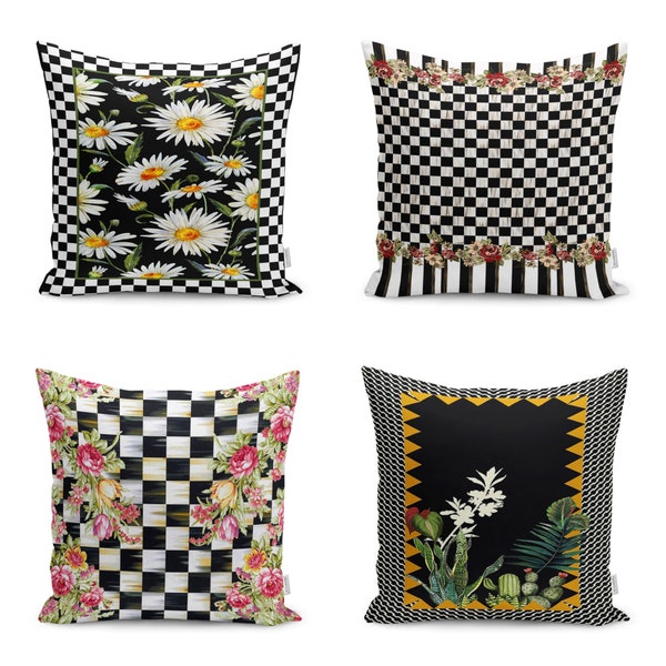 Checkerboard Pattern Floral Pillow Cover|Daisies Design Cushion Case|Home Decor with Flowers|Farmhouse Style Pillow Case|Housewarming Cover