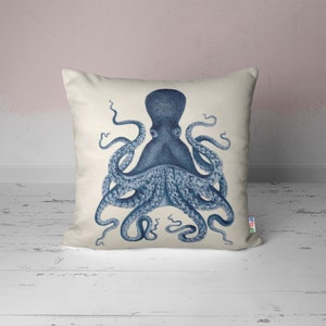 Beach House Pillow Cover|Navy Marine Cushion Case|Crab, Octopus & Reef Design|Blue Nautical Decor|Coastal Throw Pillowtop|Summer Time Gift