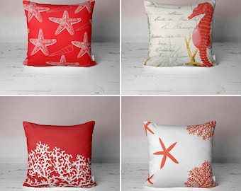 Ocean Animals Pillow Cover|Red & Beige Cushion Case|Starfish Covered Pillowtop|Coral Reefs Home Decor|Seahorse Design Cushiontop|Classy Gift
