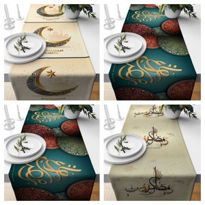 Islamic Table Runner|Ramadan Kareem Table Decor|Green & Beige Tablecloth|Ramadan Home Decor|Mystical Tabletop|Religious Motives Centerpiece