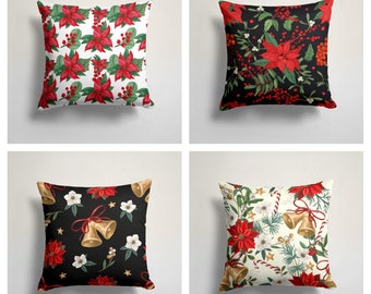 Xmas Bells Pillow Cover|Winter Concept Cushion Case|Christmas Poinsettia Design Cushion Top|Berry Flowers Throw Pillow Top|Housewarming Gift