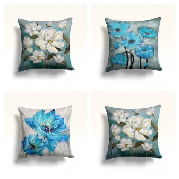 Taie d'oreiller florale|Housse de coussin élégance turquoise et grise|Décoration printanière pour la maison|Superbes fleurs de coussin|Taie d'oreiller chic|Cadeau chic