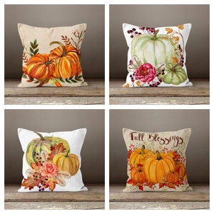 Fall Blessings Covered Pillow Cover|Autumn Cushion Case|Orange Green Pumpkins Throw Pillowtop|Farmhouse Style Home Decor|Housewarming Gift