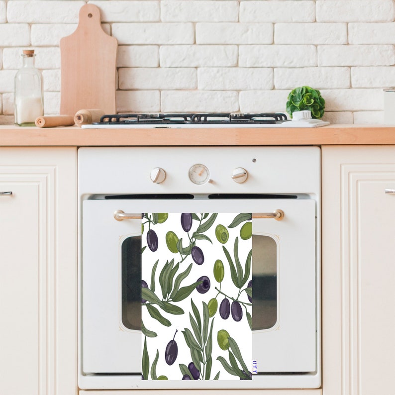 Olives & Branches Tea Towel|Olive Oil Bottle Hand Towel|Yellow and Green Kitchen Decor|Black Olives with Leaves Dishcloth|Housewarming Gift