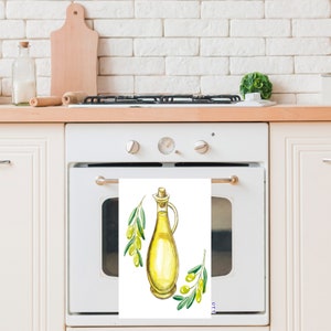 Olives & Branches Tea Towel|Olive Oil Bottle Hand Towel|Yellow and Green Kitchen Decor|Black Olives with Leaves Dishcloth|Housewarming Gift