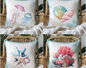 Funda de cojín de medusas/arrecife de coral/concha/náutico pastel/estrella de mar/vida marina