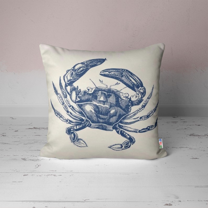 Beach House Pillow Cover|Navy Marine Cushion Case|Crab, Octopus & Reef Design|Blue Nautical Decor|Coastal Throw Pillowtop|Summer Time Gift