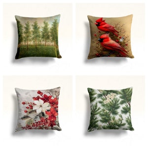 Federa per cuscino con fiori di Natale/Fodera per cuscino con bacche di Natale e foglie di pino/Decorazione floreale per la casa/Cuscino con motivo cardinale rosso/Regalo di inaugurazione della casa