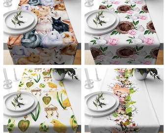 Easter Table Runner|Cute Bunnies Covered Kitchen Decor|Chicks & Easter Printed Tabletop|Floral Easter Eggs Home Decor|Spring Time Tablecloth