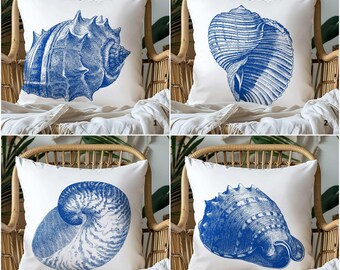 Seashell Theme Outdoor Pillow Cover|Coastal Cushion Case|Nautical Throw Pillow Case|Navy Marine Pillowcase|Beach House Decor