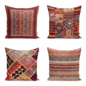 Rug Design Pillow Cover|Turkish Anatolian Design Cushion Case|Decorative Kilim Pattern Ethnic Cushion Cover|Farmhouse Style Geometric Pillow