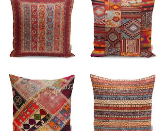 Rug Design Pillow Cover|Turkish Anatolian Design Cushion Case|Decorative Kilim Pattern Ethnic Cushion Cover|Farmhouse Style Geometric Pillow