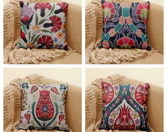 Tulip Tile Pattern Ethnic Throw Case|Turkish Gobelin Tapestry Design Pillow Top|Red Floral Tapestry Pillow Case|Authentic Cushion Case Gift