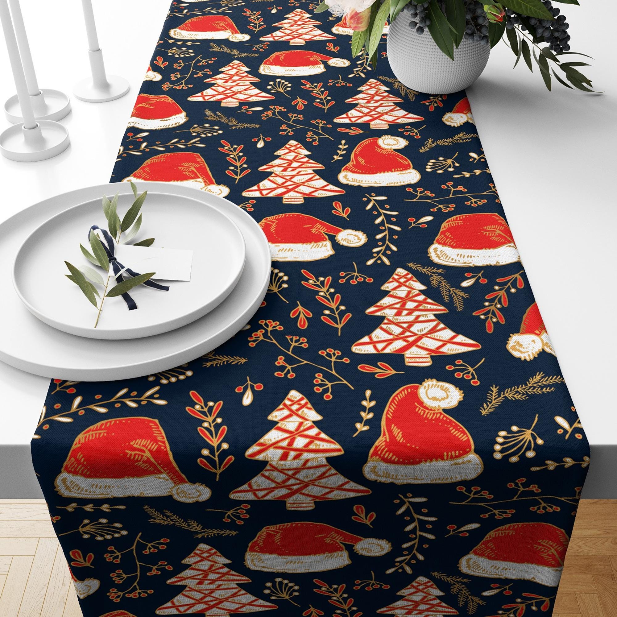 Christmas Table Runnerholly Swirl Tableclothsanta Hat and Tree Print — free download