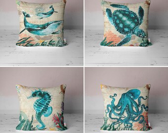 Sea Creatures Decor Pillow Cover|Marine Life Cushion Case|Elegant Combo of Turquoise & Beige|Blue Whale Pillowtop|Seahorse Turtle Design Top