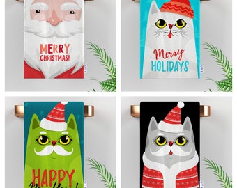 Merry Christmas & Santa Towel|Cute Cats with Santa Hats Hand Towel|Cats in Costumes Kitchen Decor|Happy New Year Dishcloth|Housewarming Gift