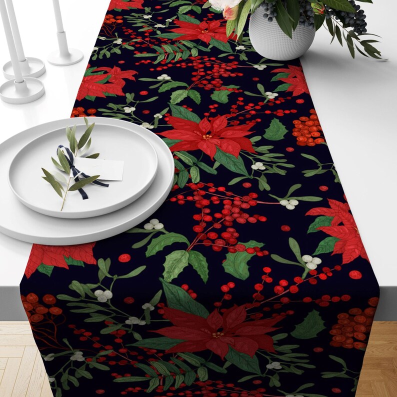 Christmas Table Runner|Winter Themed Table Cover|Green Leaves and Red Berries Home Decor|Xmas Tree with Santa, Bulb Ornaments & Red Cardinal