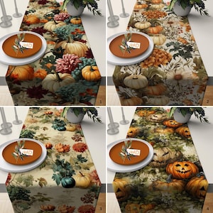 May include: Four different table runners with fall-themed designs. The first two runners feature pumpkins, leaves, and flowers in shades of orange, brown, and green. The last two runners feature pumpkins with spooky faces in shades of orange, green, and brown.
