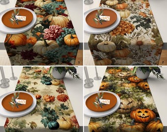 May include: Four different table runners with fall-themed designs. The first two runners feature pumpkins, leaves, and flowers in shades of orange, brown, and green. The last two runners feature pumpkins with spooky faces in shades of orange, green, and brown.