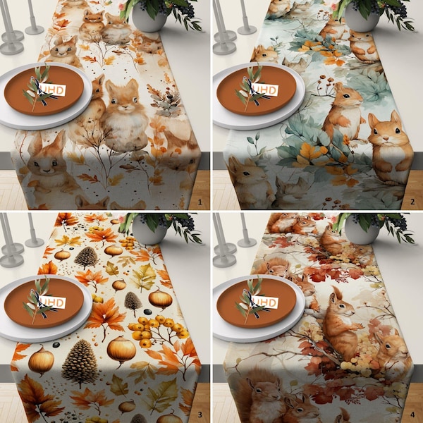 Camino de mesa con ardilla otoñal: Decoración de mesa otoñal inspirada en el bosque