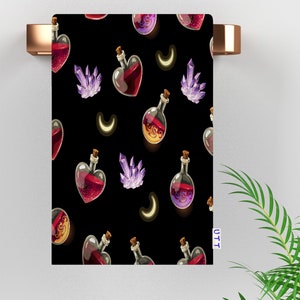 May include: A black background with a repeating pattern of purple crystals, gold crescent moons, red heart-shaped bottles, and round glass bottles with red liquid. The bottles have gold stoppers and swirling designs.