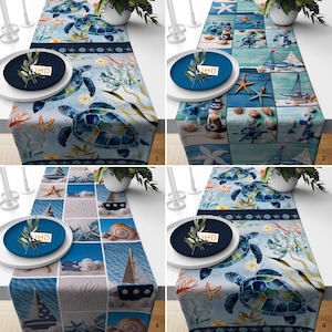 May include: Four different table runners with a nautical theme. Each runner features a different design with sea turtles, seashells, starfish, and sailboats. The runners are all blue and white with a light blue background.