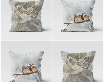 Winter Concept Pillow Covers|Cute Snow Birds Wearing Hats Cushion Case|Snowflake Pillow Case|Frozen Home Decor|Housewarming Christmas Gift