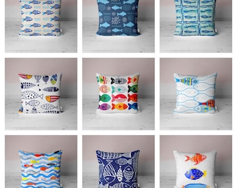 Sea Side Effect Pillow Cover|Sketched School of Fish Cushion Case|Blue Throw Pillowtop|Coastal Home Decor|Navy Marine Cover|Summer Time Gift
