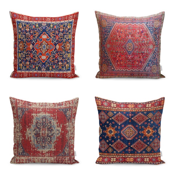 Ottoman Rug Design Pillow Cover|Turkish Kilim Pattern Cushion Case|Worn Out Looking Touch|Ethnic Home Decor|Farmhouse Style Geometric Pillow