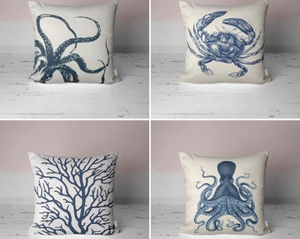 Beach House Pillow Cover|Navy Marine Cushion Case|Crab, Octopus & Reef Design|Blue Nautical Decor|Coastal Throw Pillowtop|Summer Time Gift