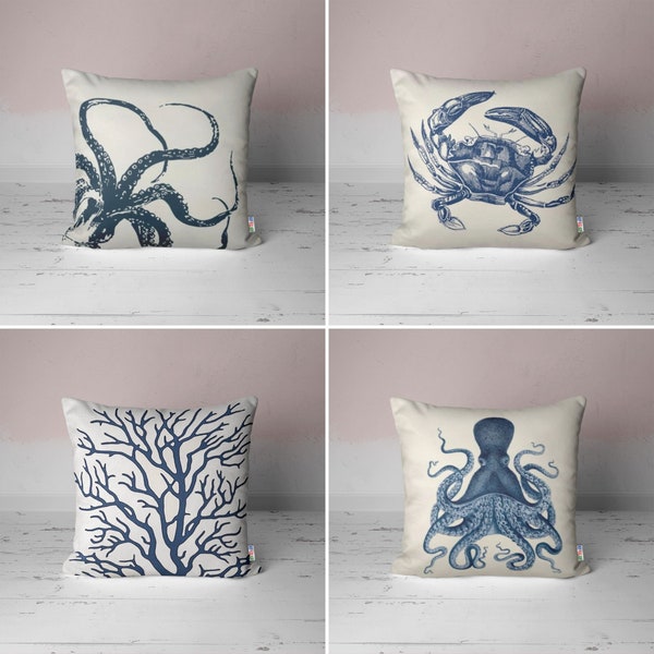 Beach House Pillow Cover|Navy Marine Cushion Case|Crab, Octopus & Reef Design|Blue Nautical Decor|Coastal Throw Pillowtop|Summer Time Gift