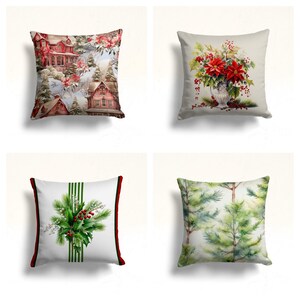 Federa per cuscino natalizia/Federe per cuscino con stelle di Natale e bacche di Natale/Decorazione per la casa con casa antica e pini/Cuscino rosso e verde/Regalo di inaugurazione della casa
