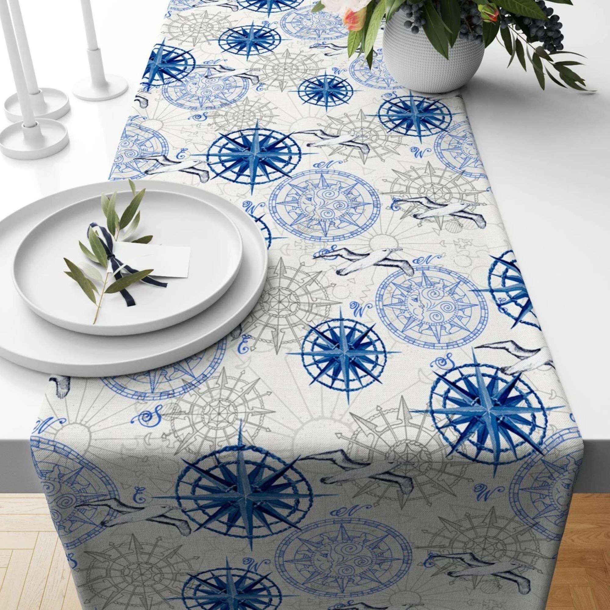 Nautical Table Runner|striped Design Wheel & Compass Tabletop|navy ...
